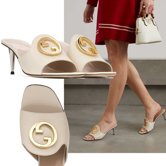 GUCCI SHOES BLONDIE WHITE LEATHER SLIDES MULES w G LOGO $960 sz 40.5 10.5 - Picture 1 of 16